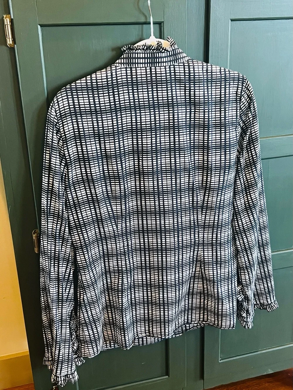 Tory Burch Black White Check Ruffle Long Sleeve Blouse Tunic Top Sz 10